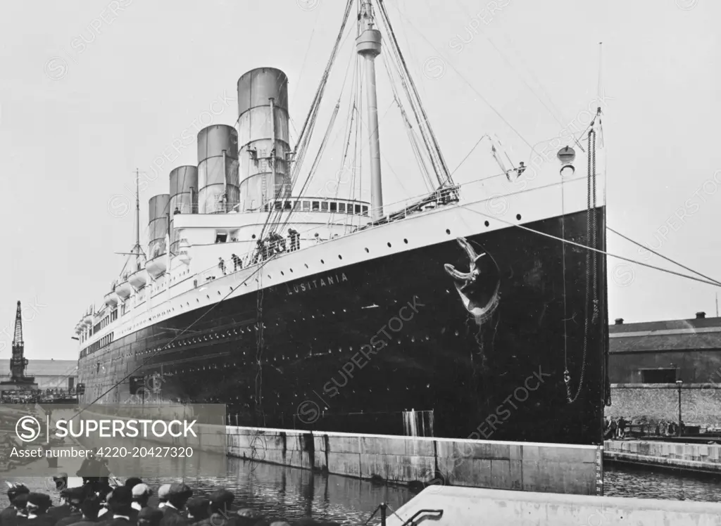 The RMS Lusitania, British ocean liner, in port.   