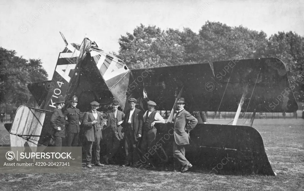 Aircraft  K 104,  AVRO 536. Biplane  crashed in Southwark Park, Rotherhithe, Sourt East London on 9th September 1919 after engine failure.  Enroute from Hounslow Heath airport to Southend with 2 passengers and pilot , all of whom survived the crash. Hounslow was England's first civilian airport and biplane was a converted  RAF AVRO 504 widened to carry 4 passengers on joyrides - designated G - EAAQ.   1919