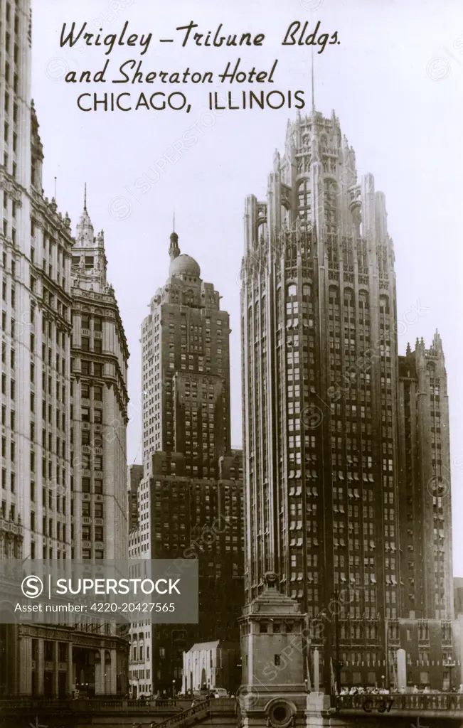 The Wrigley Tribune Buildings and the Sheraton Hotel, Chicago, Illinois.   The Tribune Tower is a neo-Gothic building located at 435 North Michigan Avenue in Chicago, Illinois. Built in 1925. (right)  The Wrigley Building 400-410 North Michigan Avenue, the corporate headquarters of the Wrigley Company. Built in 1921. (left)  The Sheraton Hotel (Now the InterContinental Hotel) South Tower building. 471 foot, 42 story building which was completed in 1929. (centre)  C. 1930