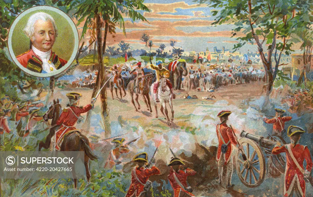 Colour illustration of the Battle of Plassey in India, June 23rd, 1757. The portrait is of Colonel Robert Clive, the British commander.   &quot;This battle was fought by Clive against Surajah Dowlah of Bengal, undertaken to avenge the massacre of the &quot;Black Hole of Calcutta.&quot; Clive set out with an army of 1000 Europeans, 2000 Sepoys and 8 Pieces of cannon. When the two armies faced each other on the plain of Plassey the odds were so great that on the eve of battle a council of war a