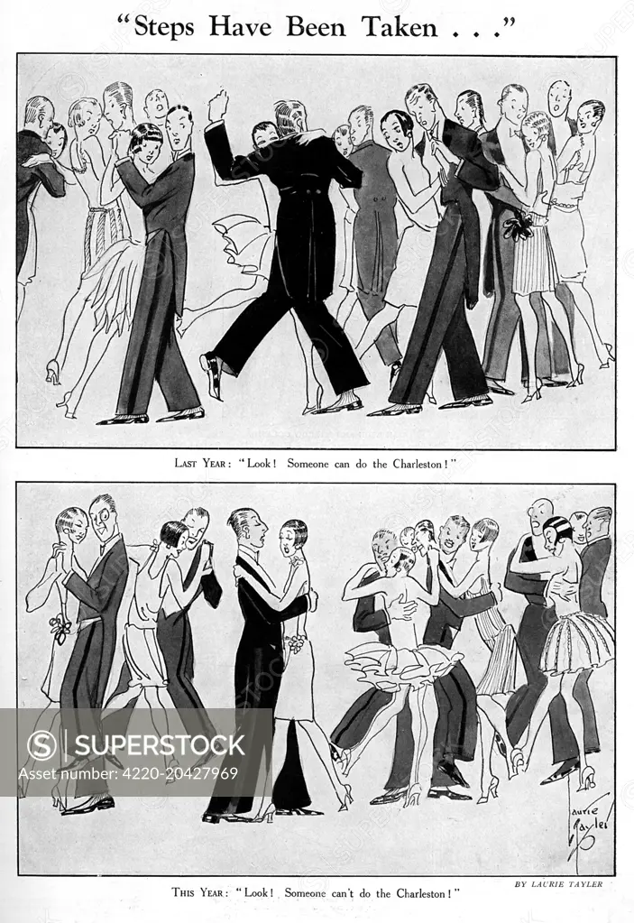 Humorous cartoon illustrating the growth in popularity of the Charleston dance during the 1920s.  The top picture shows a dancefloor crowd looking on with amusement as a single couple engage in the dance.  The bottom picture, shows everyone except one couple performing the new dance craze.     Date: 1927