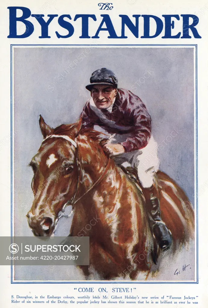 Front cover of the Bystander featuring an illustration of the famous jockey, Steve donoghue (1885 - 1945), flat race jockey and winner of the Derby six times wearing the Embargo colours.       Date: 1927