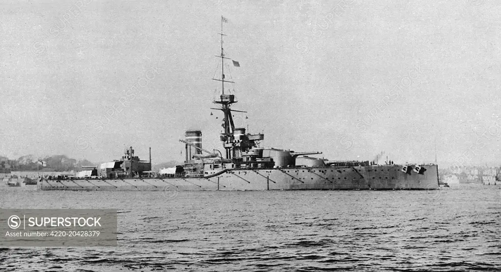 HMS Orion, launched in August 1910 and commissioned in January 1912,the first British dreadnought to mount guns of a greater calibre than 12 inches. The Orion took part in the Battle of Jutland, 1916 and survived the Great War, eventually being broken up in 1923.     Date: 1914