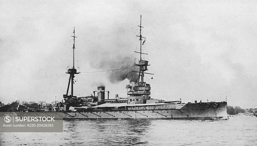 HMS Neptune, Royal Navy dreadnought, launched in 1909 and commissioned in 1911. She was present at the Battle of Jutland in 1916 and survived the war. Transferred to the reserve fleet, she was scrapped in 1922     Date: 1914