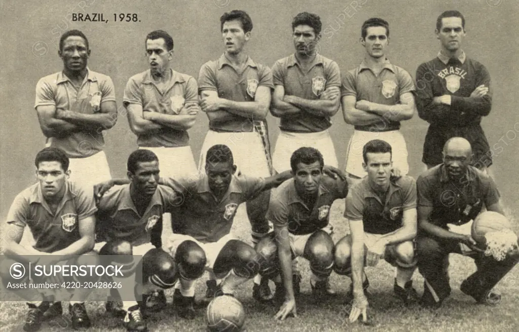 Brazilian Football Team of the 1958 World Cup. The team (from top left, moving clockwise) is: Djalma Santos, Zito, Bellini, Nilton Santos, Orlando, Gilmar, Garrincha, Didi, Pele, Vava and Mario Zagallo. The inside trio of Didi, Vava and Pele has been hailed as one of the greatest ever.     Date: 1958