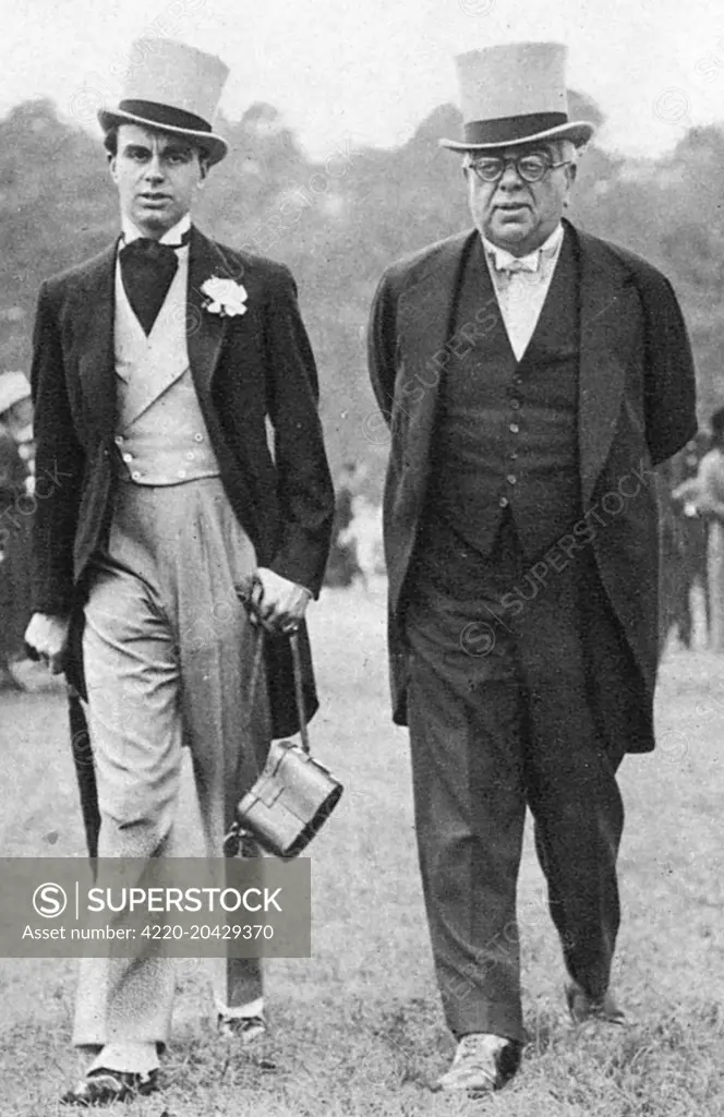 Aga Khan III and his son, Prince Aly or Ali Khan, photographed at Epsom on Oaks Day in June 1932.       Date: 1932