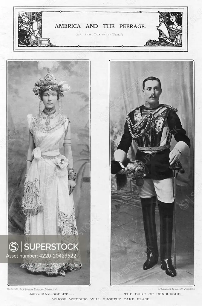 America and the Peerage - Miss Mary ('May') Goelet, American heiress, who married Henry Innes-Kerr, 8th Duke of Roxburghe in 1903, becoming Duchess of Roxburghe and bringing with her a dowry of some $20 million. Numerous impoverished peers married wealthy American heiresses during this period, who in return for the substantial dowries earned a title and the prestige of being chatelaine of some of the finest stately homes in England. May appears in fancy dress in this photograph.     Date: 1903