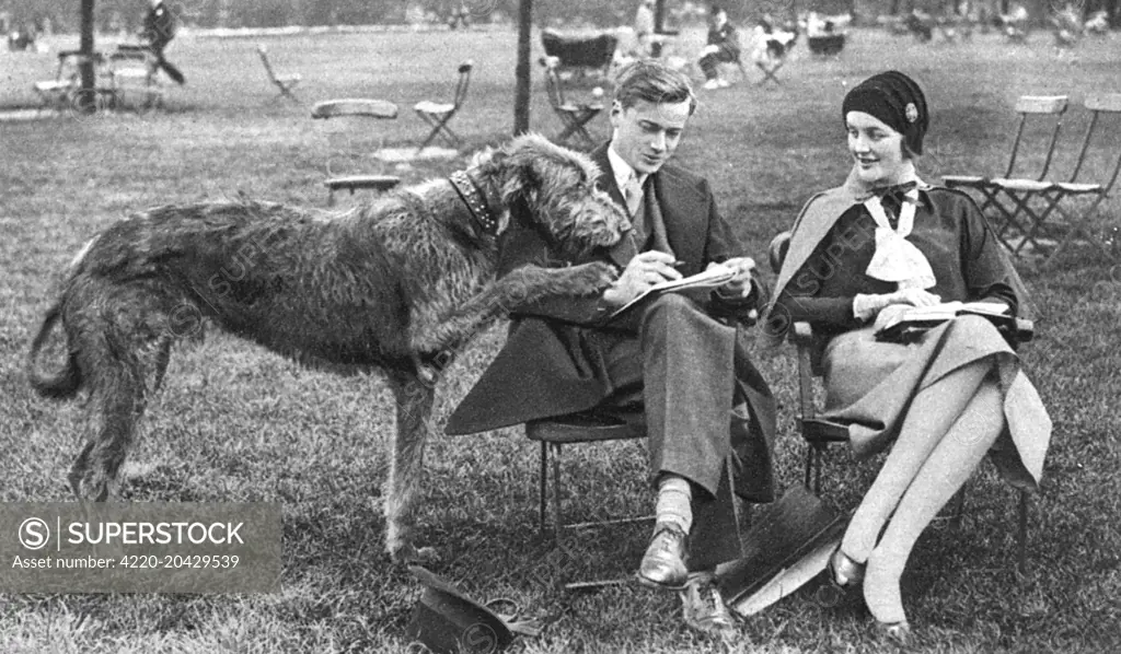 Mr and Mrs Bryan Guiness (1910 - 2003), formerly Miss Diana Freeman Mitford, later Lady Mosley, pictured enjoying a 'quiet half-hour' in Hyde Park with their immense Irish wolfhound.  1930