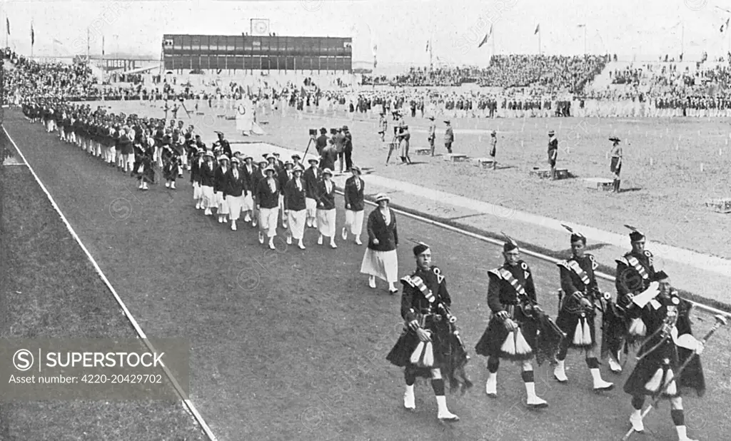 Opening Ceremony of the 1924 Olympic Games in Paris, showing the British team marching past headed by pipers.  The ceremony was attended by the Prince of Wales, his brother Prince Henry and President Doumergue.     Date: 1924