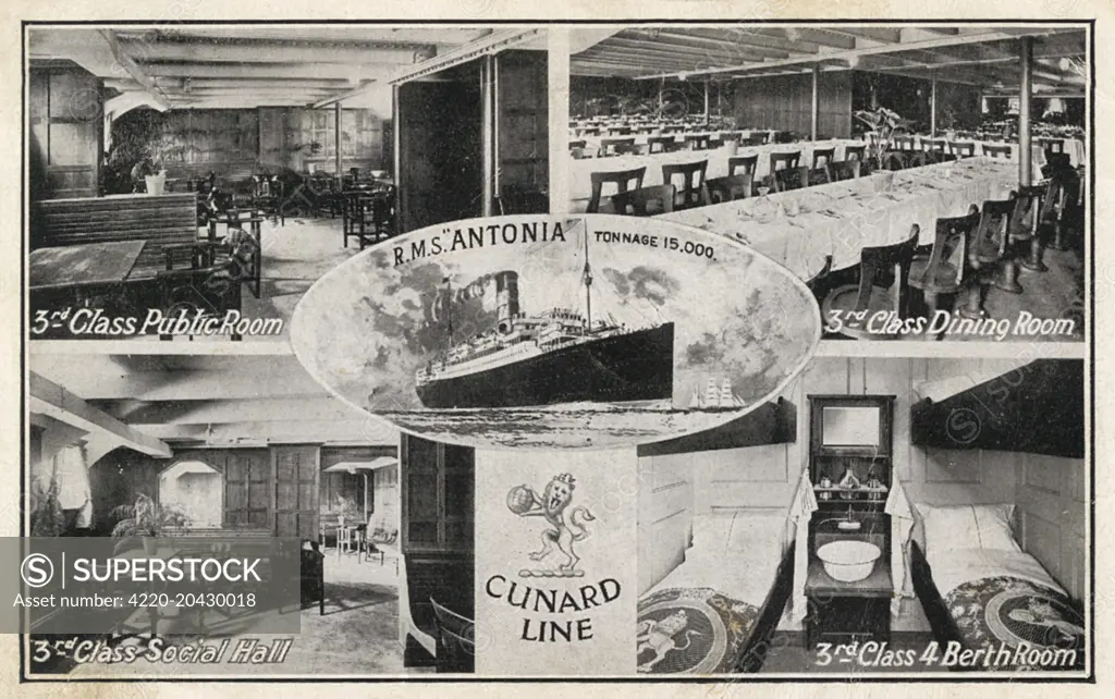 Postcard of the RMS Antonia depicting the third class public room, social hall, dining room and berthroom. Cunard Line Ocean Liner, 15000 tonnes.   C. 1922