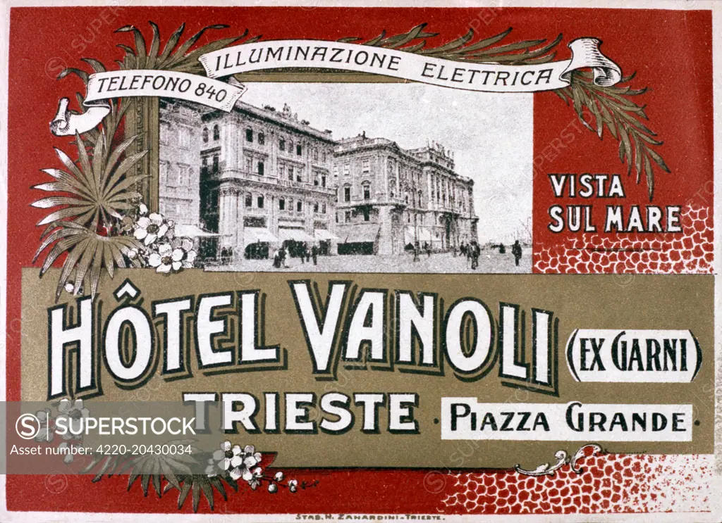 Art Nouveau Italian advertisement for The Hotel Vanoli in Trieste.  1900s