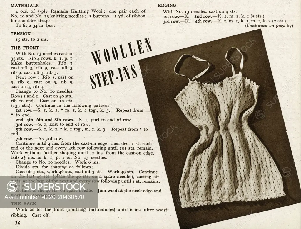 A 1940s knitting pattern providing instructions on how to make a step in slip. With the onset of World War Two and the introduction of rationing, many chose to knit their own clothes as a cheaper alternative.     Date: 1945