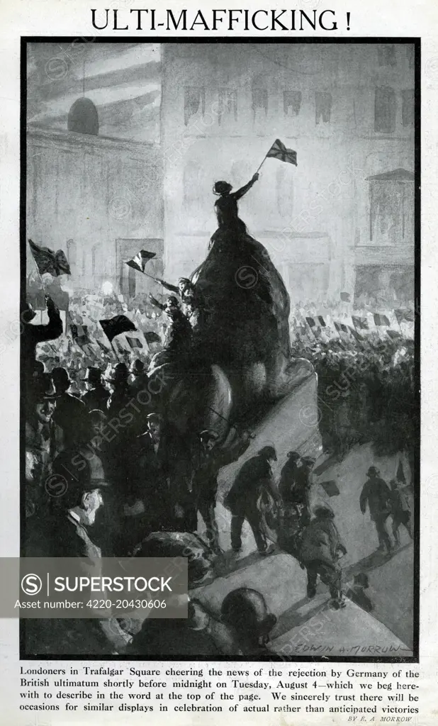 Londoners cheering in Trafalgar Square when the news broke that Germany had rejected the British ultimatum, and that the two countries were therefore at war.      Date: 4 August 1914