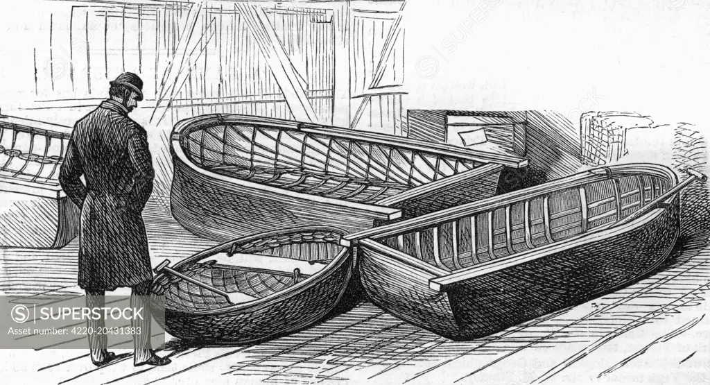 Traditional Irish coracles (currachs) at the International Fisheries Exhibition, held at the Horticultural Society's Gardens in South Kensington, London     Date: May 1883