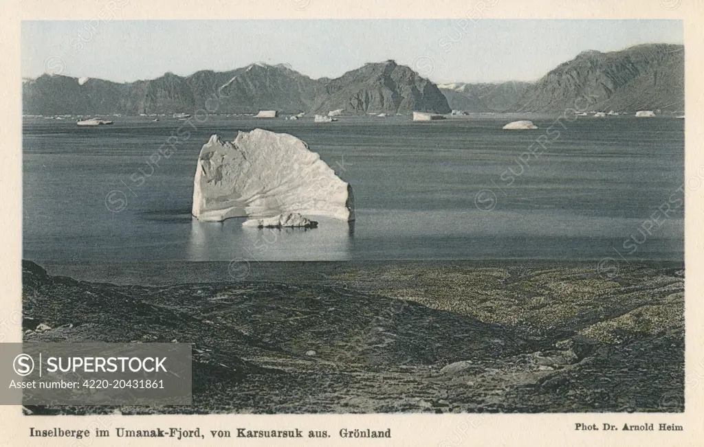 Iceberg in the Uummannaq Fjord. Uummannaq (Umanak) is a town in the Qaasuitsup municipality, in northwestern Greenland.     Date: circa 1910s