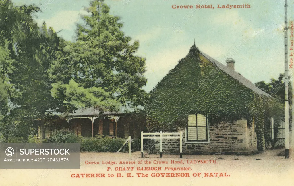 Crown Hotel, Ladysmith - Crown Lodge - Natal, South Africa. P. Grant Garioch was the Propietor at this stage. The Hotel was the caterer to H. E. the Governor of Natal.     Date: circa 1904