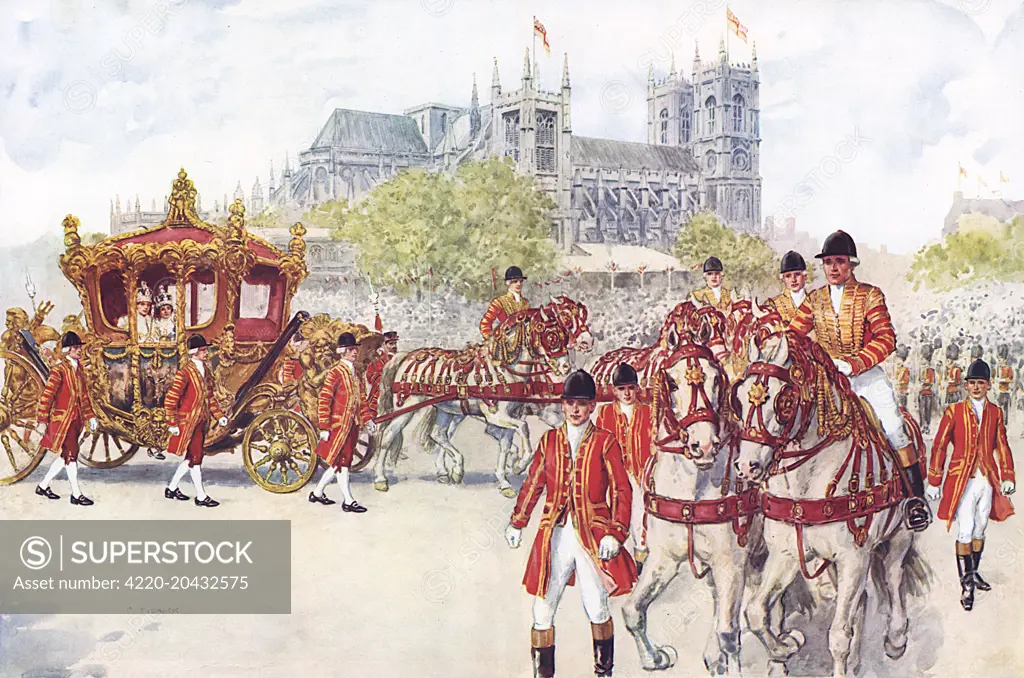 The Coronation Coach carrying King George VI and Queen Elizabeth turns on to the Embankment with Westminster Abbey in the background: an impression of the start of the return journey to Buckingham Palace after the Coronation of 12th May 1937.     Date: 12th May 1937