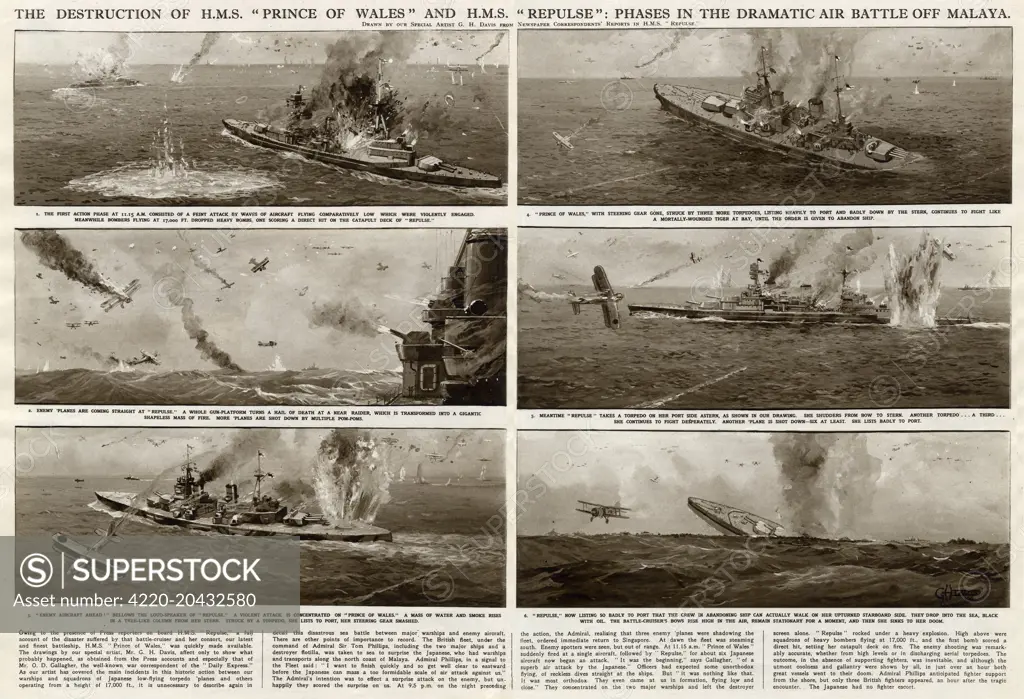 The destruction of HMS Prince of Wales and HMS Repulse: phases in the dramatic air battle off Malaya during the Second World War, when British ships were attacked by Japanese planes.       Date: 1941