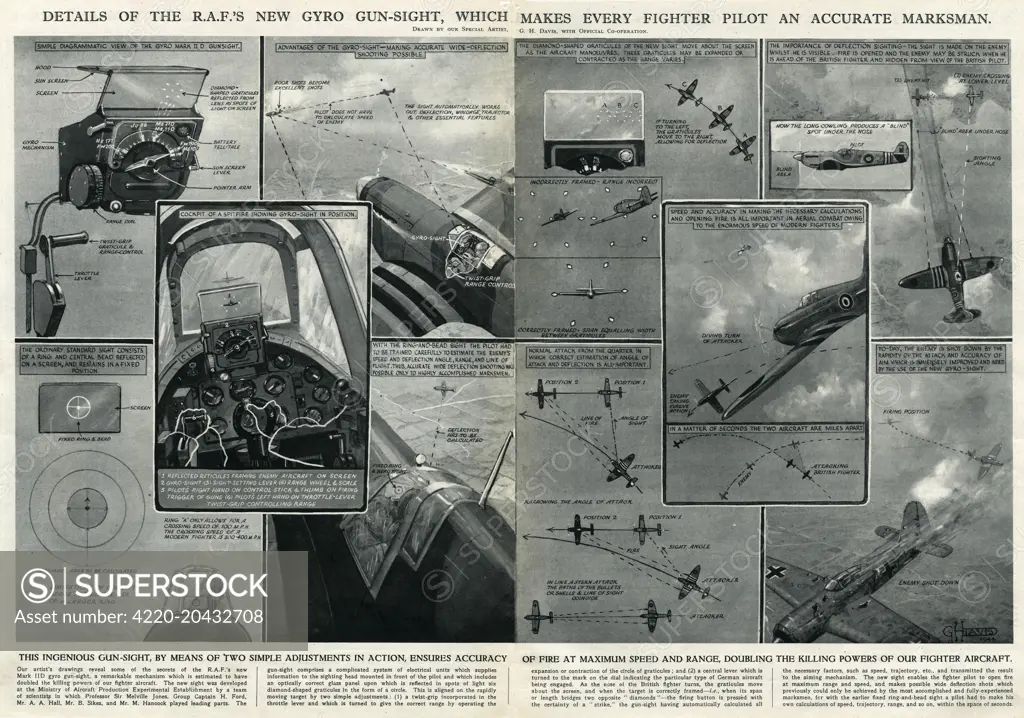 Details of the RAF's new gyro gun sight, which makes every fighter pilot an accurate marksman.  By means of two simple adjustments in action, the gun sight ensures accuracy of fire at maximum speed and range, doubling the efficiency of fighter aircraft.      Date: 1944