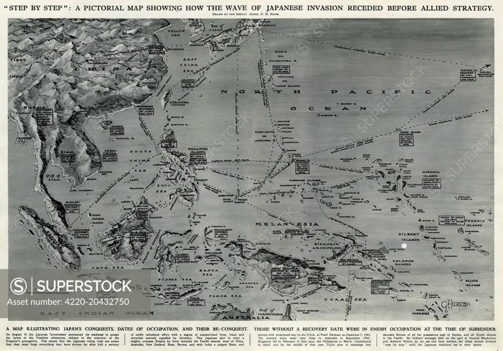 A pictorial map of the Pacific area, showing how the wave of Japanese invasion receded as a result of the Allied strategy during the Second World War.  Showing Japan's conquests, dates of occupation, and reconquests.       Date: 1945