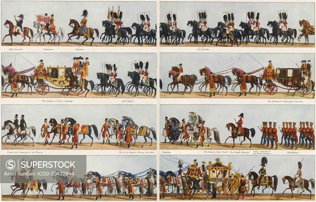 The Coronation Procession of Queen Victoria from 28 June 1838, illustrated in the 'Correct Representations on the Occasion of Her Majesty's Coronation' consisting of two vast panels, each 25 feet long which fold up into a book.  It depicts the procession from the Life Guards at the front, to the carriages of the Duchess of Kent and Duchess of Gloucester and Queen's State Coach pulled by eight horses and accompanied by Yeoman of the Guard.       Date: 1937