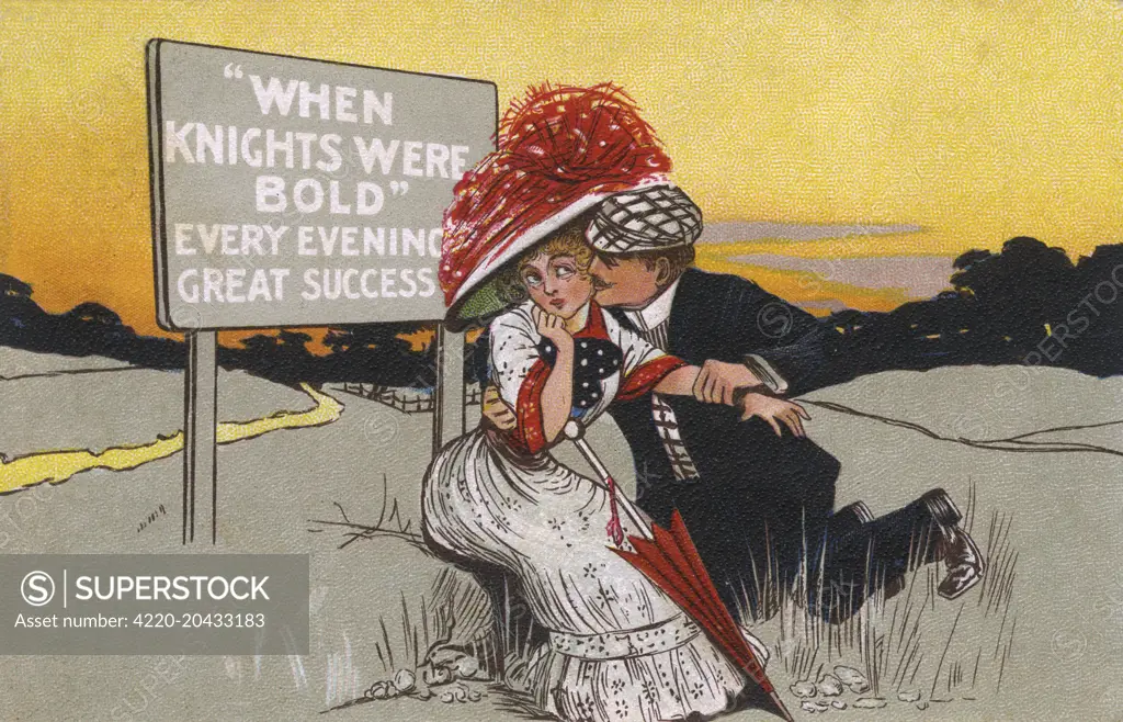 A suave gent takes advantage of his position and makes his move on his lady love, although his boldness doesn't seem guaranteed to bring success with the coy target of his affections! His confidence has been bolstered by the sign promoting a show/play/movie seemingly dropped in random into the countryside!!      Date: 1911