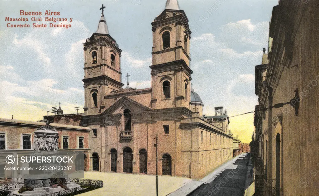  Mausoleo de Belgrano and Convento de Santo Domingo on the Calle Defensa, Buenos Aires, Argentina.      Date: circa 1910s