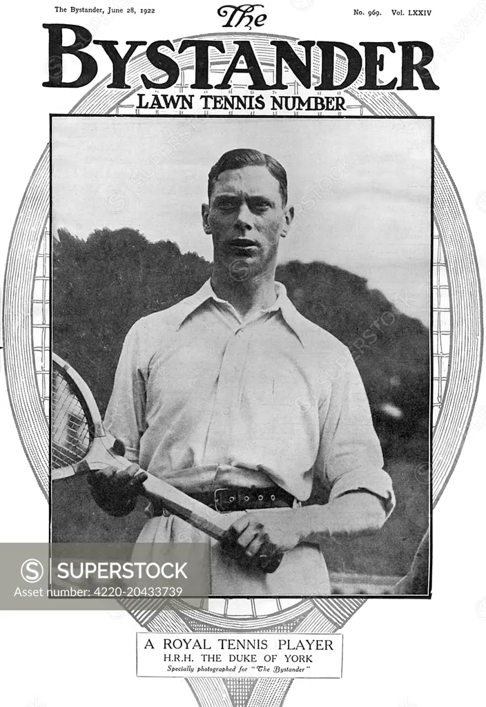 Front cover of The Bystander magazine featuring Prince Albert, Duke of York -the future King George VI - as a tennis player.  The Duke was a keen player and partnered Sir Louis Greig, entering the men's doubles competition at Wimbledon in 1926.  The pair were knocked out in the first round by Arthur Gore and Herbert Roper Barrett.     Date: 1922