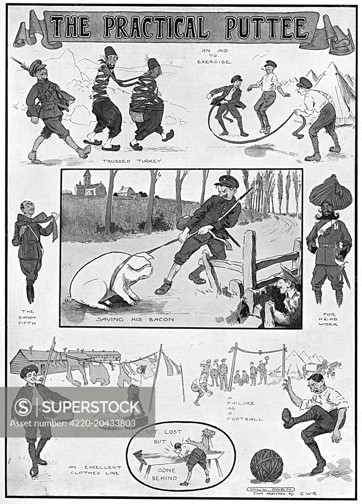 Humorous illustration depicting various uses for the puttee, the binding used by soldiers, and particularly officers, to keep warmth in and dirt out of boots during World War I.     Date: 1915