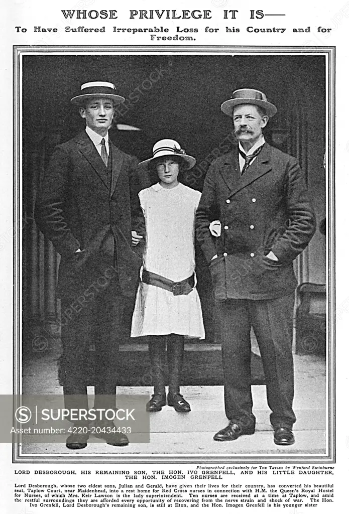 William Henry Grenfell, Lord Desborough (1855-1945), pictured at his home, Taplow court near Maidenhead with his remaining son, the Hon. Ivo Grenfell, and his daughter, the Hon. Imogen Grenfell.  Lord Desborough's two eldest sons, Julian and Gerald, had both been killed in 1915.    Desborough was a well-known sportsman, distinctive at a height of 6 feet 5 inches.  He rowed for Oxford in the 1877 Boat Race and was President of the British team at the 1908 Olympic Games.  He was also a Liberal pol