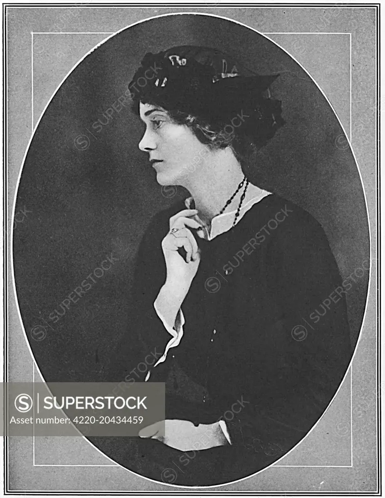 Lady Cynthia Asquith (1887-1960 nee Charteris), daughter of Lord Wemyss, author and notable survivor of the Titanic. Wife of Herbert Asquith, second son of the Prime Minister.  Pictured in The Tatler during the First World War - the magazine comments that she 'has done a great deal of good work for the benefit of both our own and our allies' fighting men.'  Her brother-in-law Raymond Asquith was killed in action later that year and Cynthia had already lost her brother, Lord Elcho.         Date: 