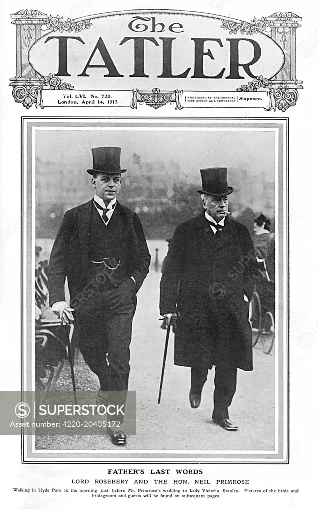 Archibald Philip Primrose, the 5th Earl of Rosebery (1847 - 1929), Prime Minister, statesman and author, pictured (right), walking with his son, the Hon. Neil Primrose (1882-1917), walking in Hyde Park on the morning of the latter's wedding to Lady Victoria Stanley, daughter of the 17th Earl of Derby on 7 April 1915.  He served as a captain in the Royal Buckingham Hussars during the First World War and was awarded the Military Cross in 1916. He died in November 1917 from wounds received in actio