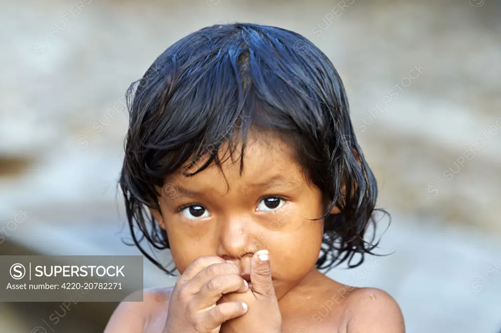 Child Indian of the Apurina tribe Amazon river basin Manaus Amazonas state Brazil South America. FESTIVE AMAZON