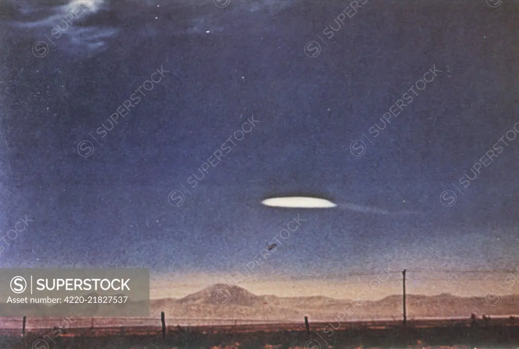 UFO photographed near Holloman Air Force Base, New Mexico ; never satisfactorily explained  but a secret military device seems a possibility      Date: 16 October 1957