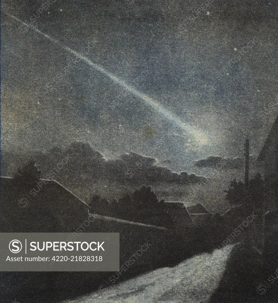 A meteorite burns up as it  enters Earth's atmosphere,  exploding in a shower of  glowing debris       Date: 1954