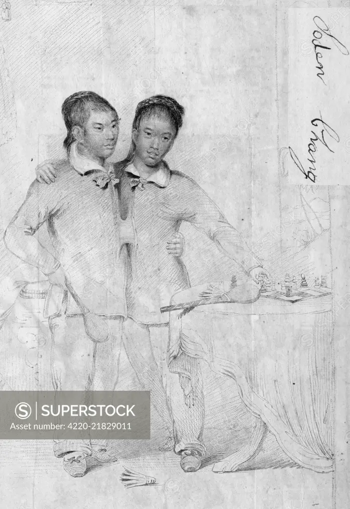 Eng and Chang (circa 1814-1874), Siamese twins at the age of 19, with their autographs.      Date: circa 1833