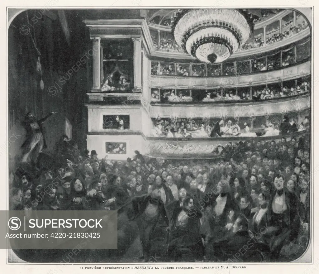 The first night of Victor Hugo's play, Hernani, at the Comedie Francaise in Paris.  The romantic drama arouses opposition among supporters of conventional theatre.      Date: 25 February 1830