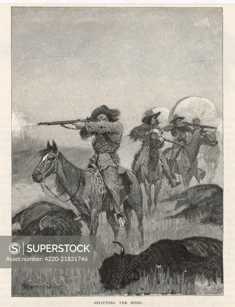 Hunting buffalo with rifles on the American plains         Date: 1890