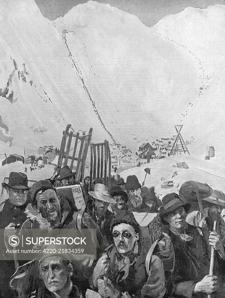 At the foot of the Chilkoot  Pass - disappointed  prospectors return, while  others still hopeful climb the  pass towards the Klondike      Date: summer 1898