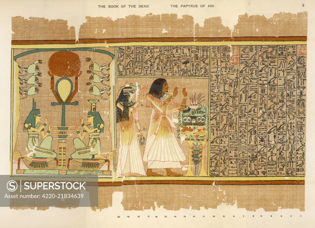 INVOCATION TO OSIRIS Ani and his wife make  offerings; Isis and Nephthys  (sister's of Osiris) kneel in  adoration to Tat, symbol of  Osiris on Solar Mount