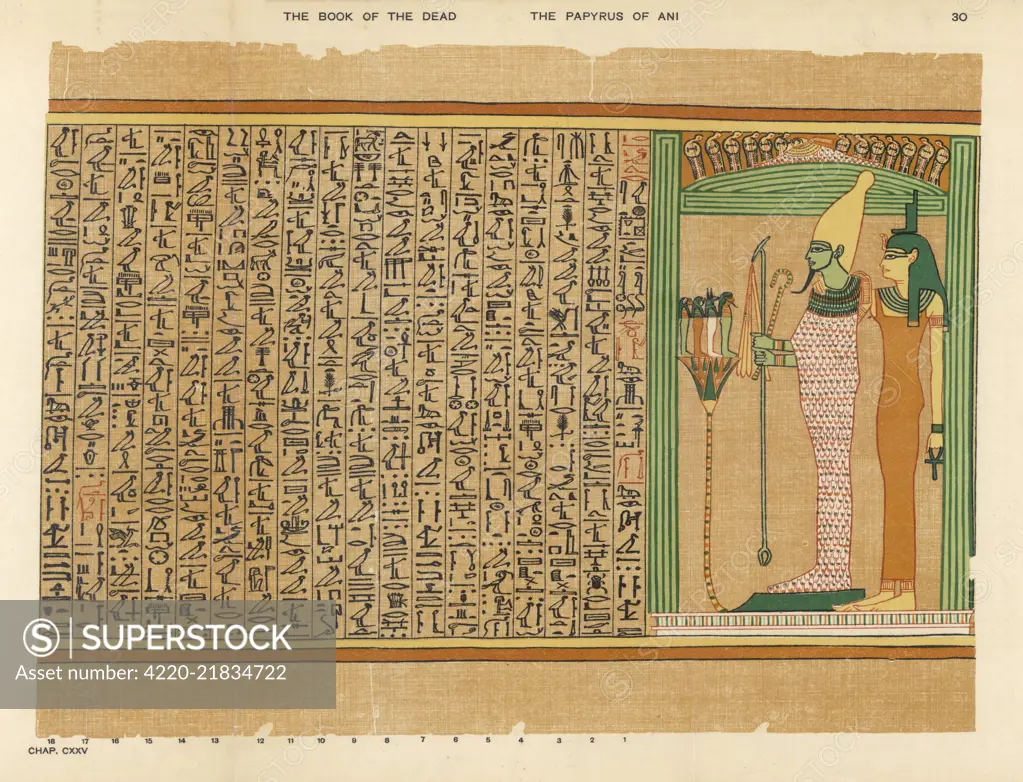 Osiris and Isis within a  shrine ; before them a lotus- flower on which stand the four  children of Horus, genii of  the dead 