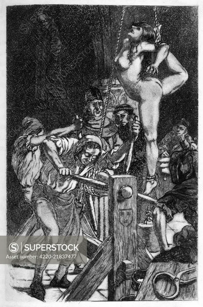 A suspected witch is stripped and tortured to confess so that she may be burnt at the stake.     Date: 16th century