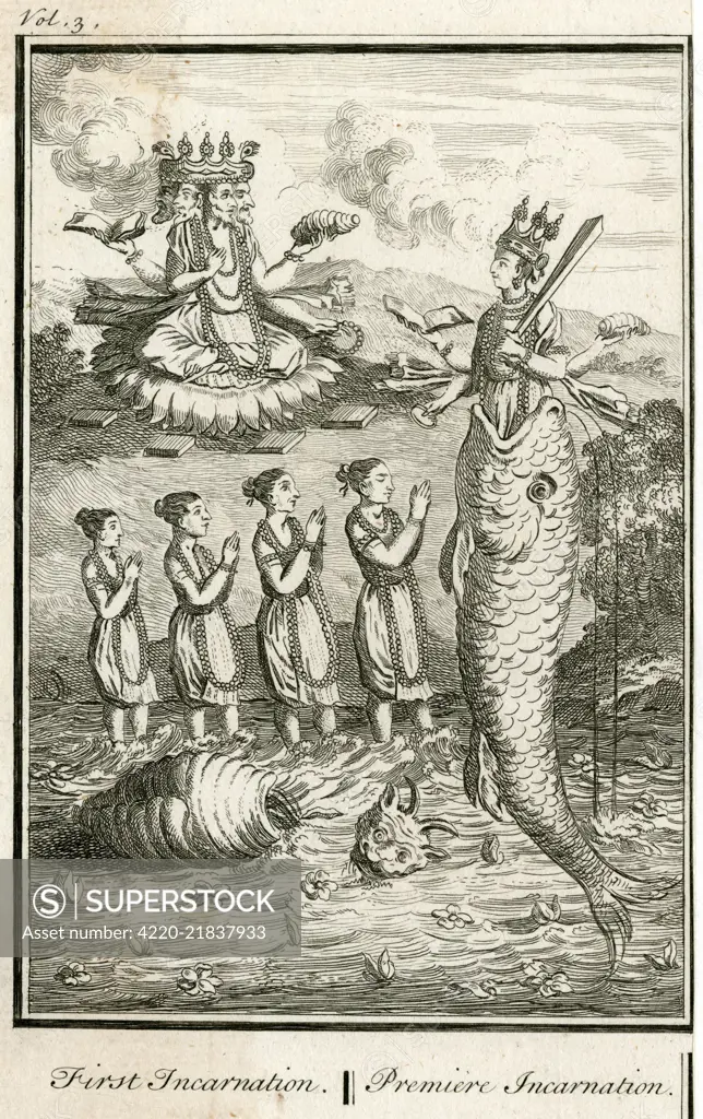  The first avatar (incarnation)  of Vishnu shows the god  emerging from the mouth of a  fish.      Date: 1737