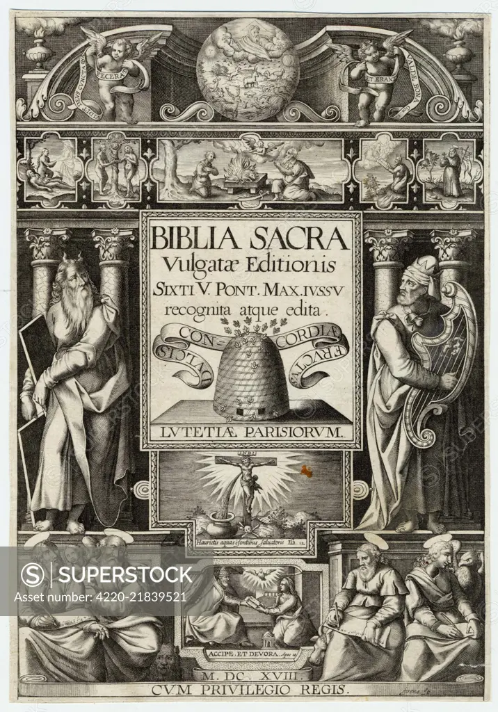 The title page of the Vulgate  Bible (printed in Latin)         Date: circa 1590