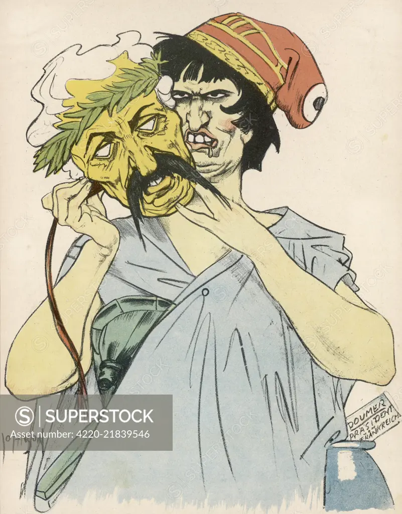 A German cartoon showing the  mask of peace worn by the  French during the Locarno  Treaties.       Date: 1925
