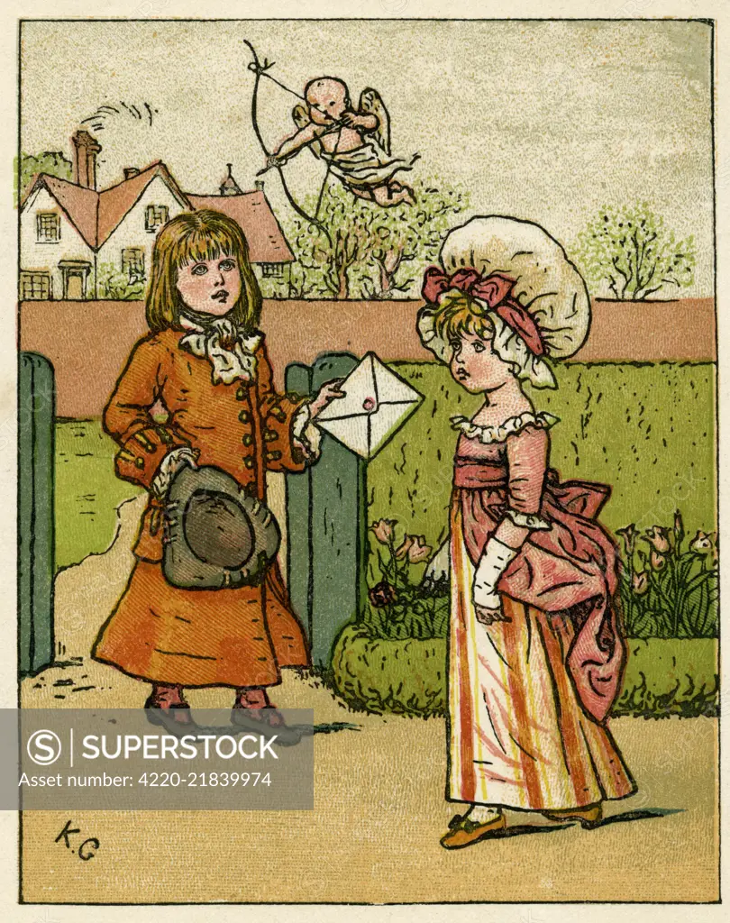 Illustration by Kate Greenaway, of a young man delivering a Valentine's card.     Date: 1879