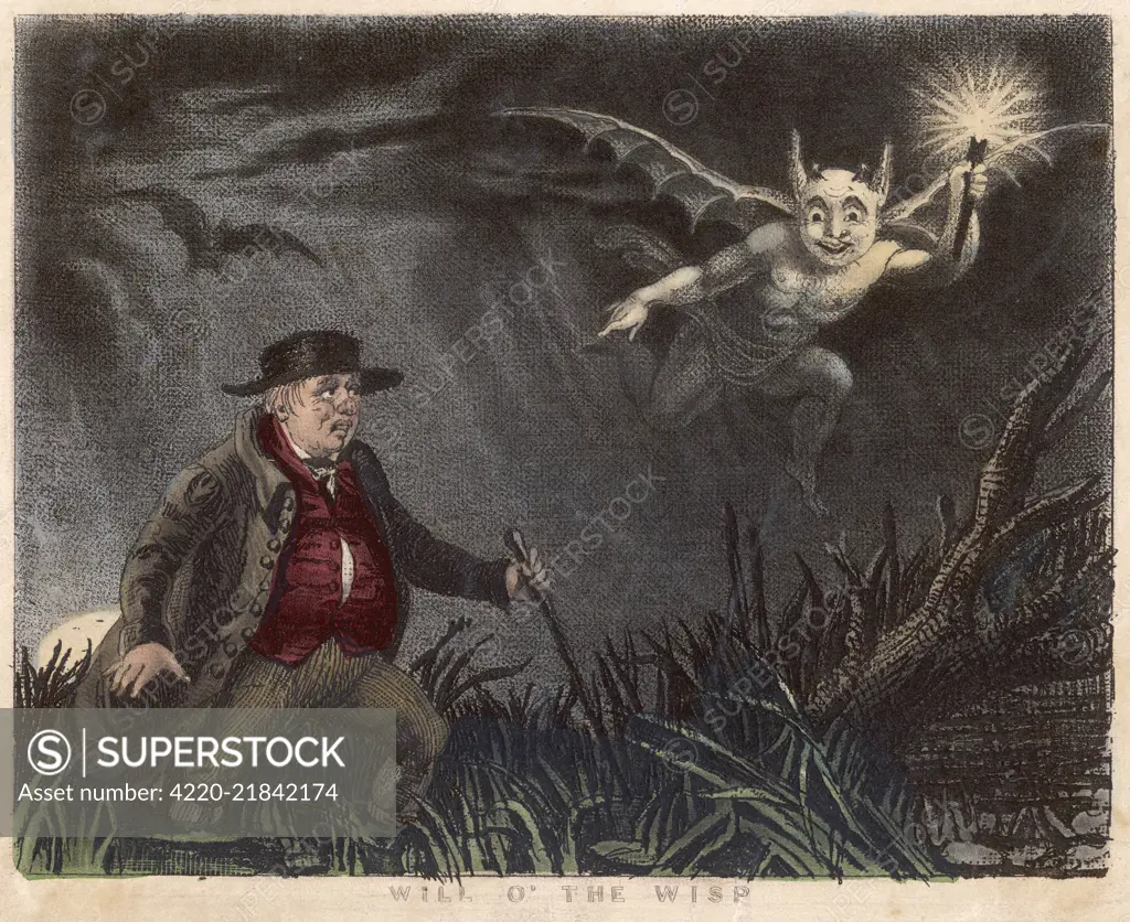 'WILL O' THE WISP' (feu follet, marsh light &amp;c) depicted as a mischievous  spirit, luring victims to an  unpleasant death in the marsh      Date: circa 1830