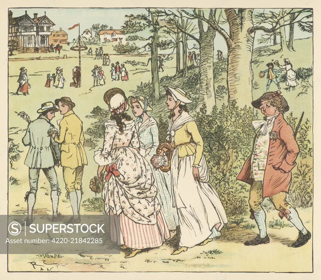 Country lads and lasses make  their way to the maypole         Date: 1884