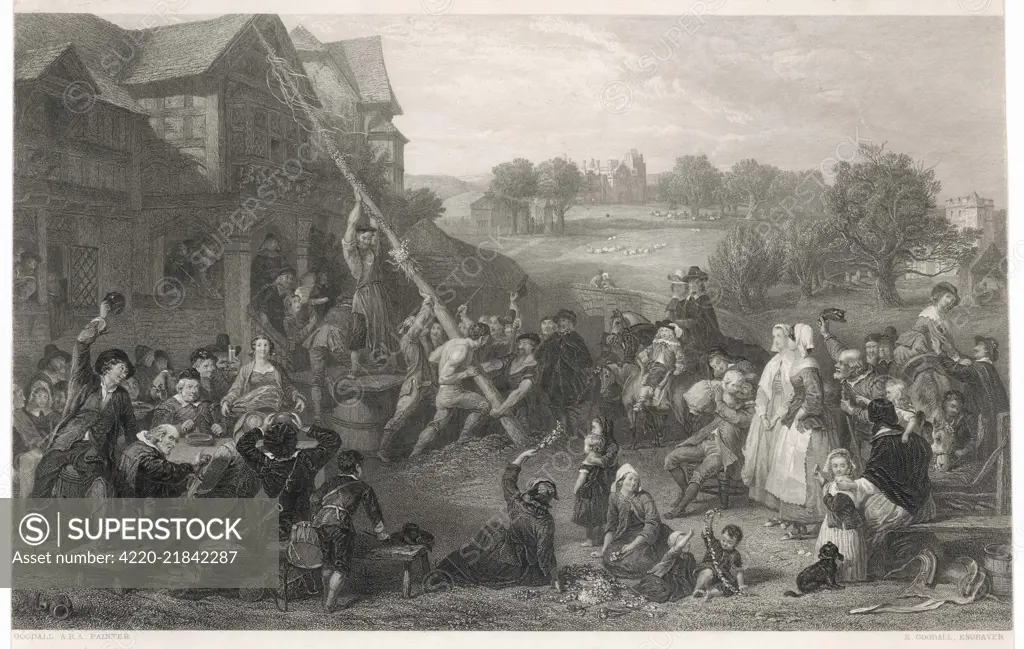 Raising the maypole outside an  English manor house, to the  applause of the assembled  villagers       Date: 17th century