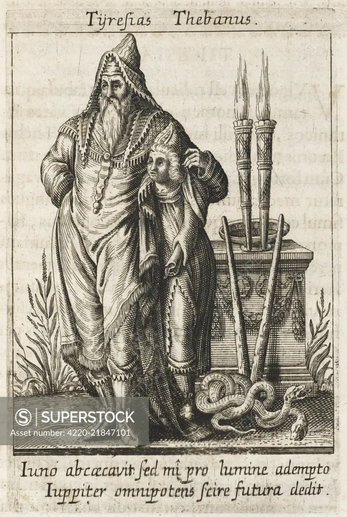 TIRESIAS, Theban soothsayer,  blinded because he  accidentally saw Athena  bathing, but given powers of  prophecy as compensation 